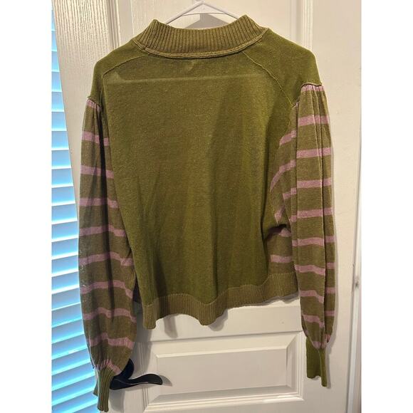 Free People Olive and Pink Striped Long Sleeve Pullover Stretchy Soft Boho - Picture 2 of 8